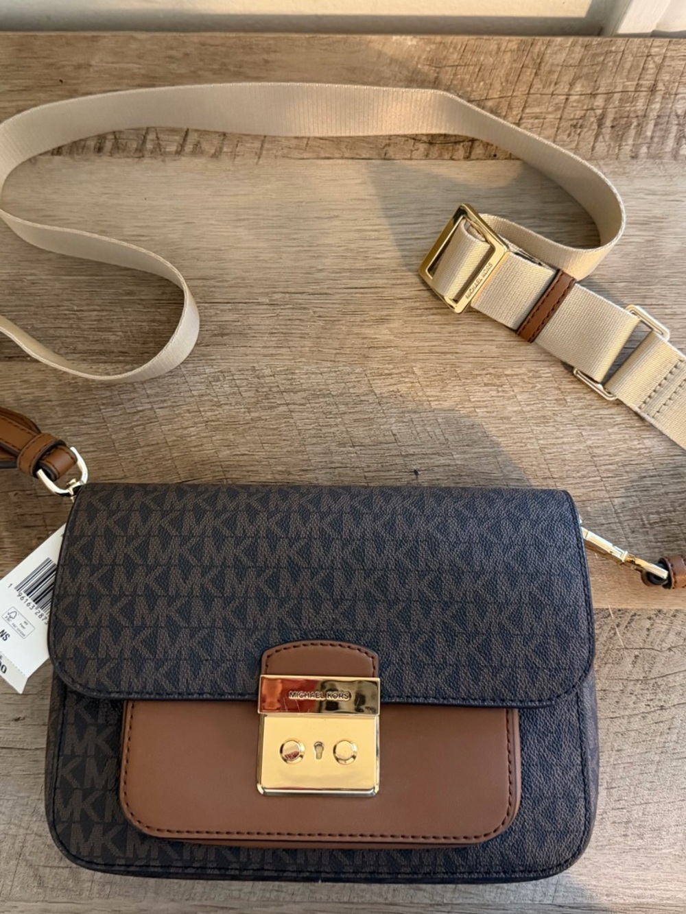 Michael Kors Brown and Tan MK Logo Crossbody with Gold Hardware brand new